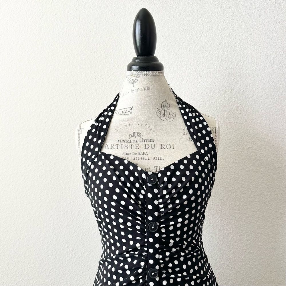 Anthropologie Maeve Halter Ruched Midi Dress in Black Polka Dot Size 4 - Picture 5 of 9